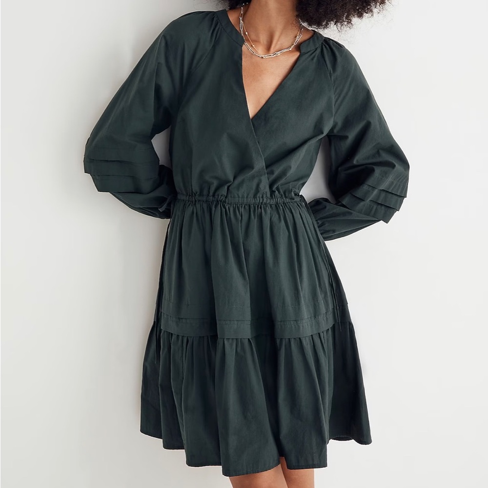NWT Madewell Green Crinkle Poplin Puff Sleeve Wrap Mini Dress Size XXS